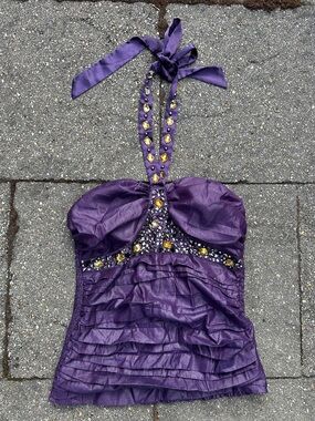 DO & BE Purple Embellished Ruffle Halter Top - Size Large